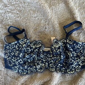 NWT 36DD NAVY AND SILVER DREAM ANGELS UNLINED BALCONETTE Floral Lace Bra